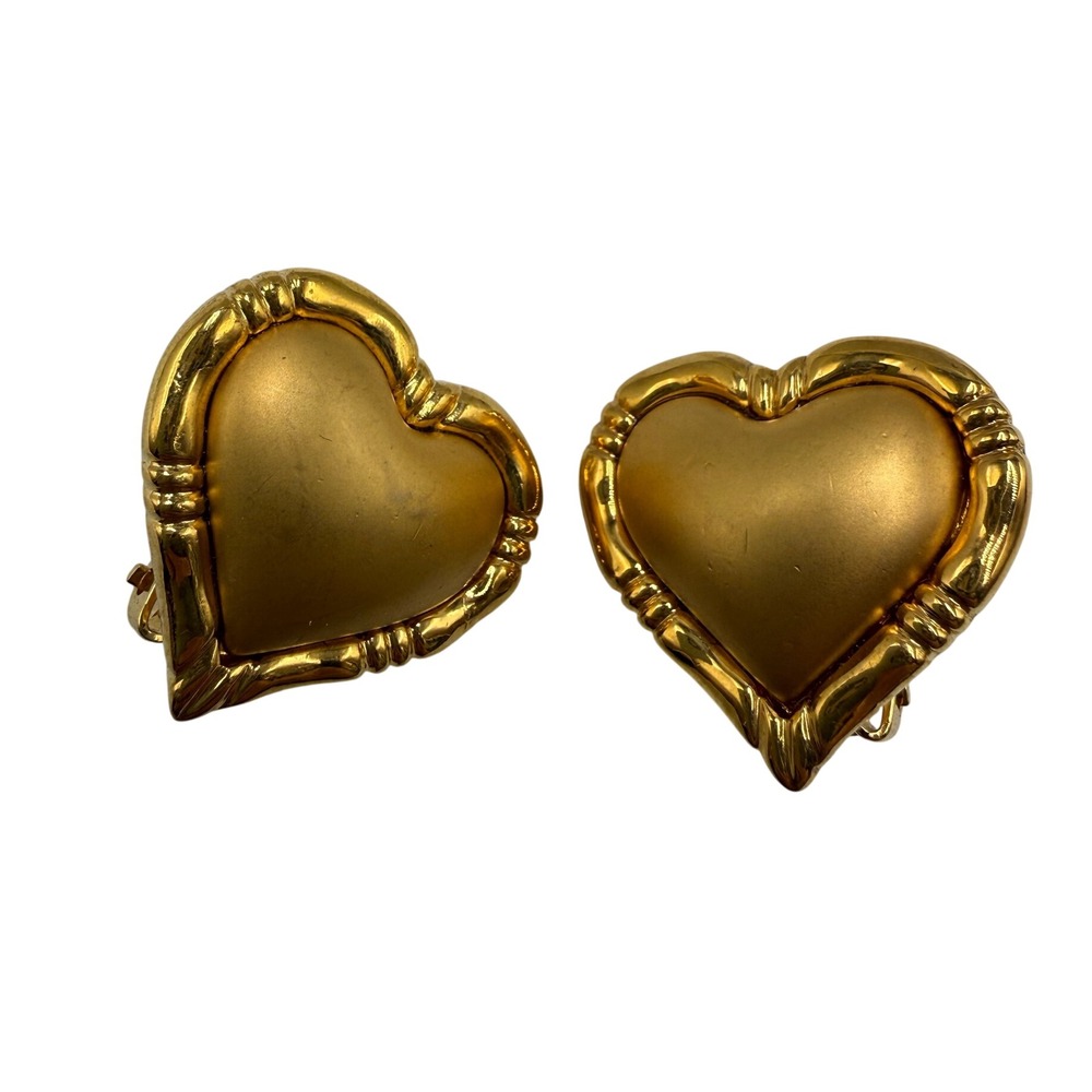 Vintage Gold Tone Heart Clip On Earrings Chunky Statement Matte Polished Mixed